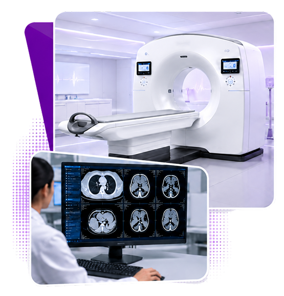 CT scanner and a radiologist reviewing CT images