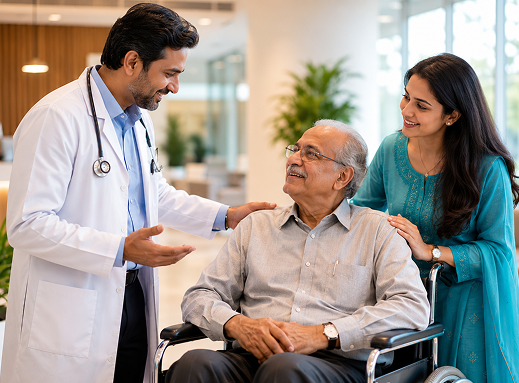 An AIROC Hospitals doctor with a patient and family member