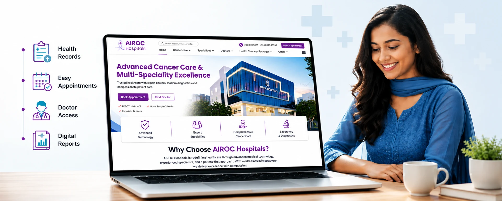 Access health records, easy appointments, doctor access and digital reports with AIROC Hospitals online portal