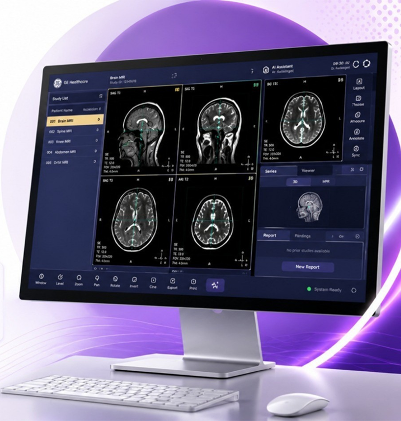 Radiologist reporting workstation displaying MRI studies