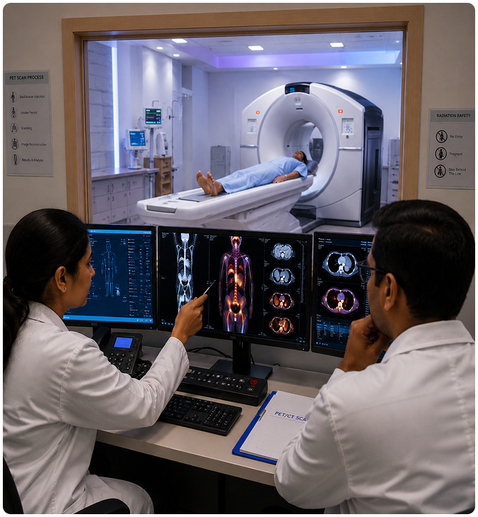 Radiologists reviewing PET/CT images from the control room while a patient is scanned