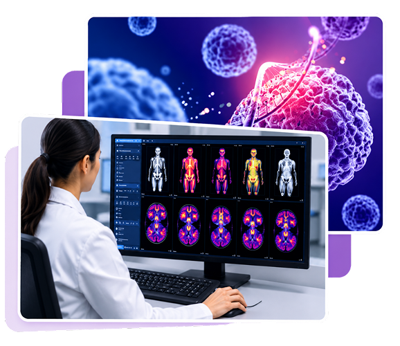 Radiologist reviewing whole-body and brain PET scan images